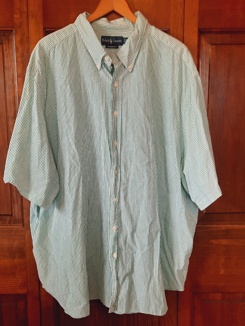Vintage Ralph Lauren Classic Fit Green White Striped Pink Pony Shirt Size 4XB